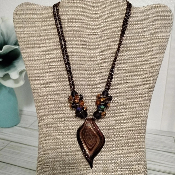 Jules B Fashion Statement Glass Beads and Pendant Necklace Brown Glitter Tones - Picture 3 of 7